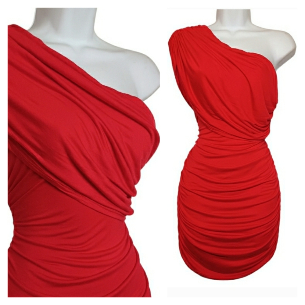 ROUTE 3 Red One Shoulder Drape Stretchy Bodycon Mini Dress Medium NWT